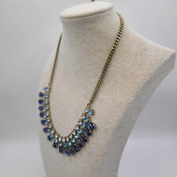 J Crew Factory Blue Clear Crystal Statement Necklace NWT!  NEW! Silver Tone - Picture 9 of 10